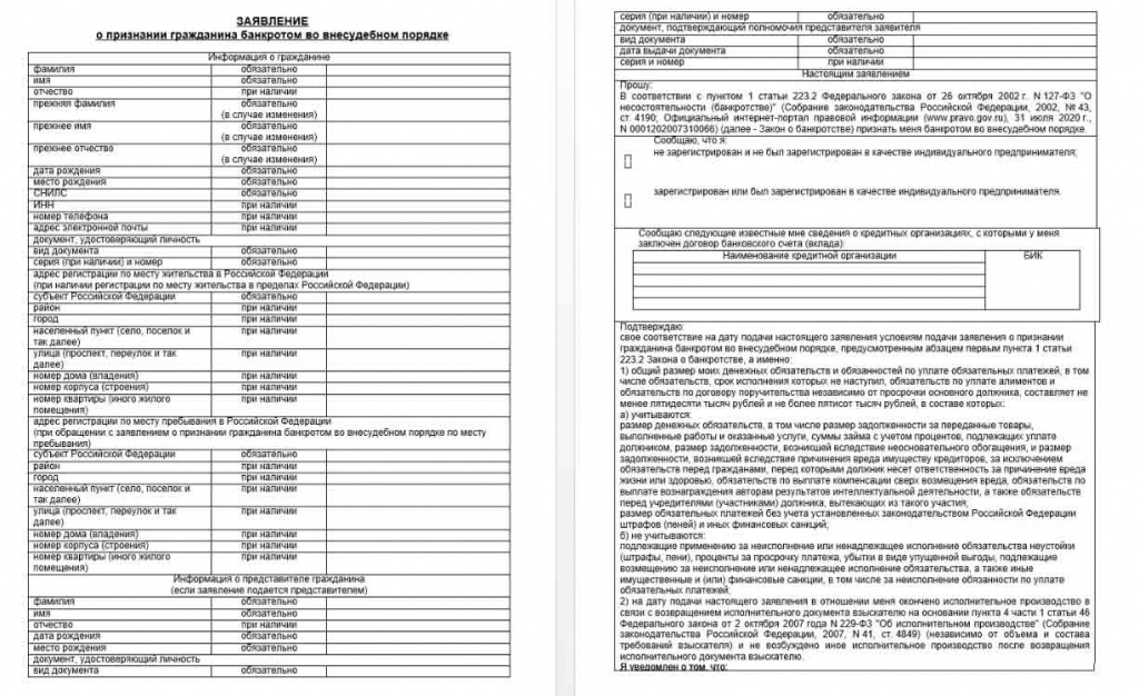 форма заявления на внесудебное банкротство